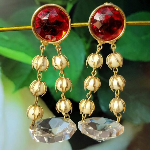 Vintage Clip-On Chandelier Earrings Red Gem Faux Pearl Accents & Crystal Drops - Picture 1 of 16